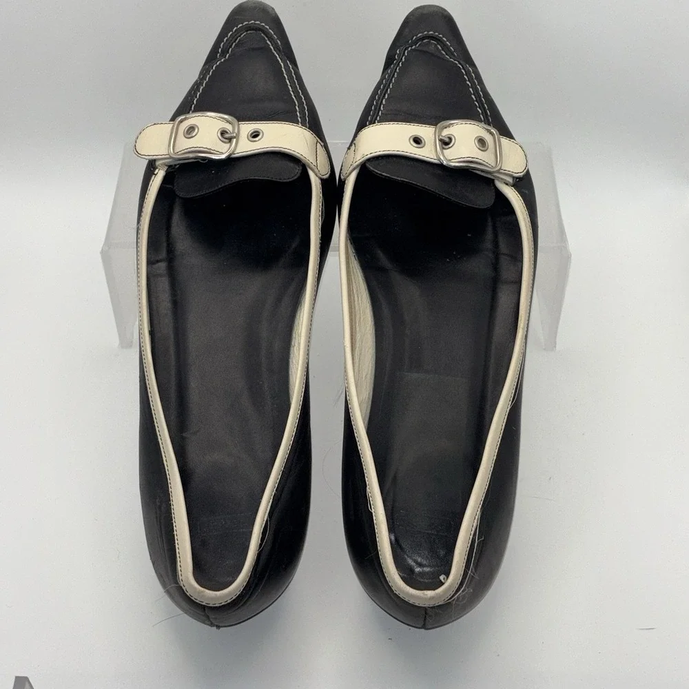 Vintage Coach Black Leather Buckle Loafers White Trim‎ Flats Size 8 B Italy